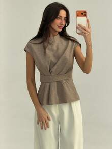 Aloruh Goddess Waist Pleated Flare Khaki Commuter Shirt - Khaki - View 3