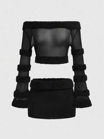 Grunge Punk Ensemble de 2 pièces femme Y2K sexy, épaules dénudées, patchwork en maille avec bordure en fausse fourrure, taille super basse, moulant