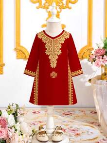 女婴可爱优雅复古酒红色连衣裙，饰有金色蕾丝印花，适合春夏及节日场合 - 彩色 - 查看 3