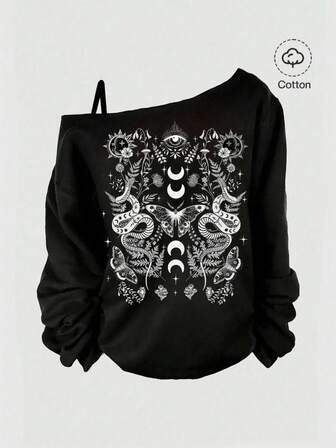 Große Größen Gothic mysteriöser Motte Schlange Sonne Mond Stern Schmetterling Loose Fit Schulter Sweatshirt