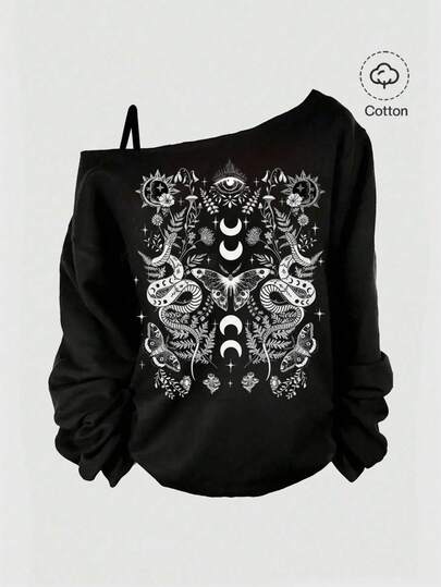 Sweat-shirt ample gothique mystérieux avec motifs de papillon, lune, soleil et serpent. Coupe ample aux épaules
