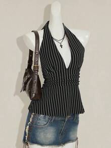 SHEIN ICON 女士吊带深V领收腰A字露背条纹吊带衫 - 黑色 - 查看 6