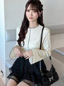 FRIFUL 女士纹理撞色喇叭袖长袖T恤 - 杏色 - 查看 2