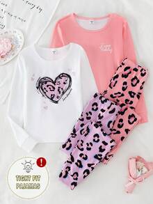 4pcs Girls' Heart & Leopard Print Long Sleeve Top And Leggings Snug Fit Pajama Set - Multicolor - View 5