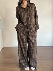 DAZY 女士格子睡衣两件套，宽松长袖上衣和长裤，适合秋冬季和圣诞节穿着 - 棕色 - 查看 3