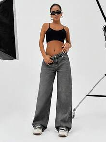 EURMUSE 100% Cotton WOMEN DENIM WIDE LEG LOW WAIST BAGGY JEANS VINTAGE - Light Grey - View 3