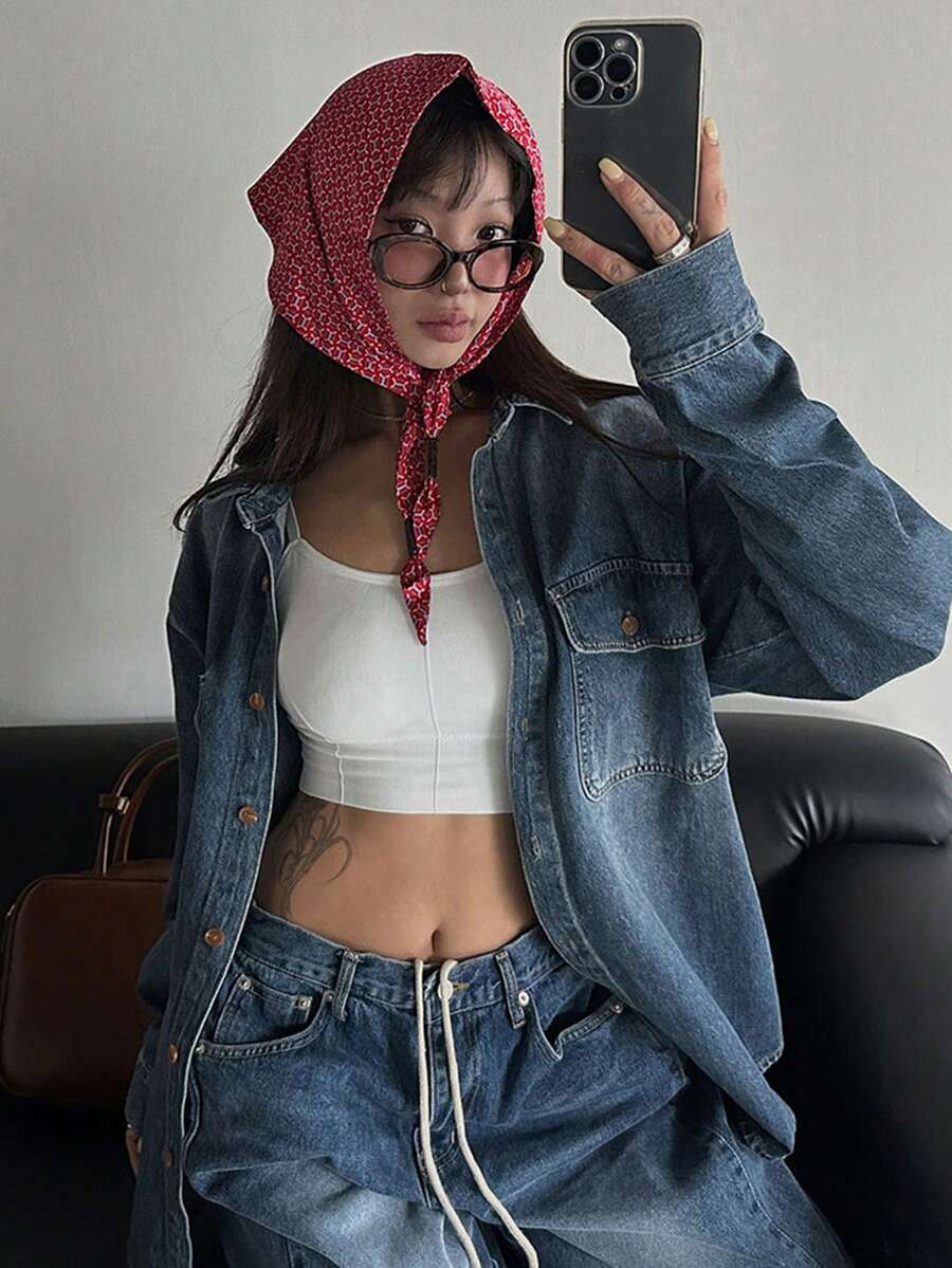 DAZY 时尚复古经典多层百搭女式牛仔衬衫