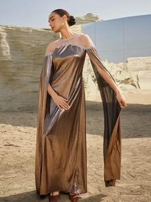 Graceveil Damen Rundhals Mesh Patchwork Extra Lange Ärmel Lässig Urlaubs Party Arabischer Stil Kleid - Aprikosenfarben - Übersicht 3