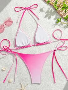Swim Mod 刺绣夏季新款露背系带渐变花卉串珠女士比基尼套装，三角泳衣，适合海滩度假 - 彩色 - 查看 2