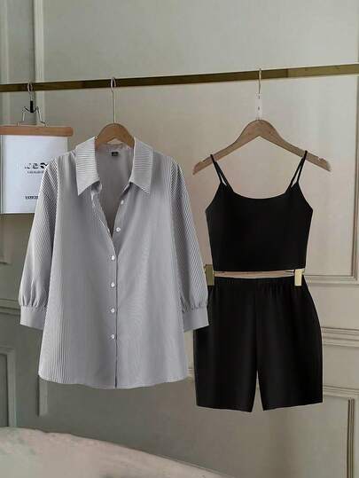 Franclia Conjunto casual de diario de camiseta de tirantes de unicolor y cardigan de manga larga de solapa a rayas de una hilera para mujer de talla grande