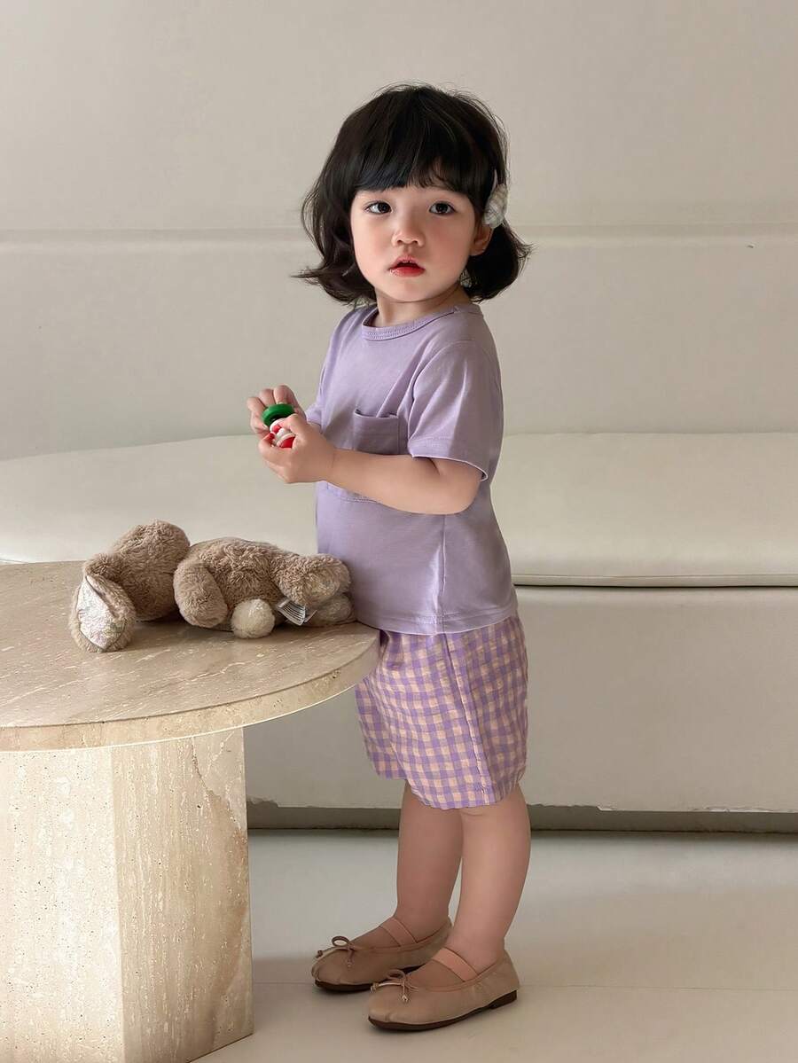 SHEIN 2pcs/Set Baby Girls' T-Shirt Set, Purple Casual Style Daily Fashion Versatile All-Match Cute Elegant Outfit, Suitable For Spring, Summer, Autumn - Purple - View 1