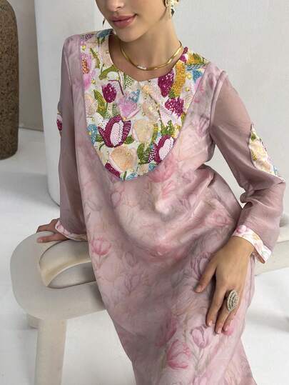 Yasmyna 女士优雅印花宽松阿拉伯风格长裙，适合派对和度假穿着