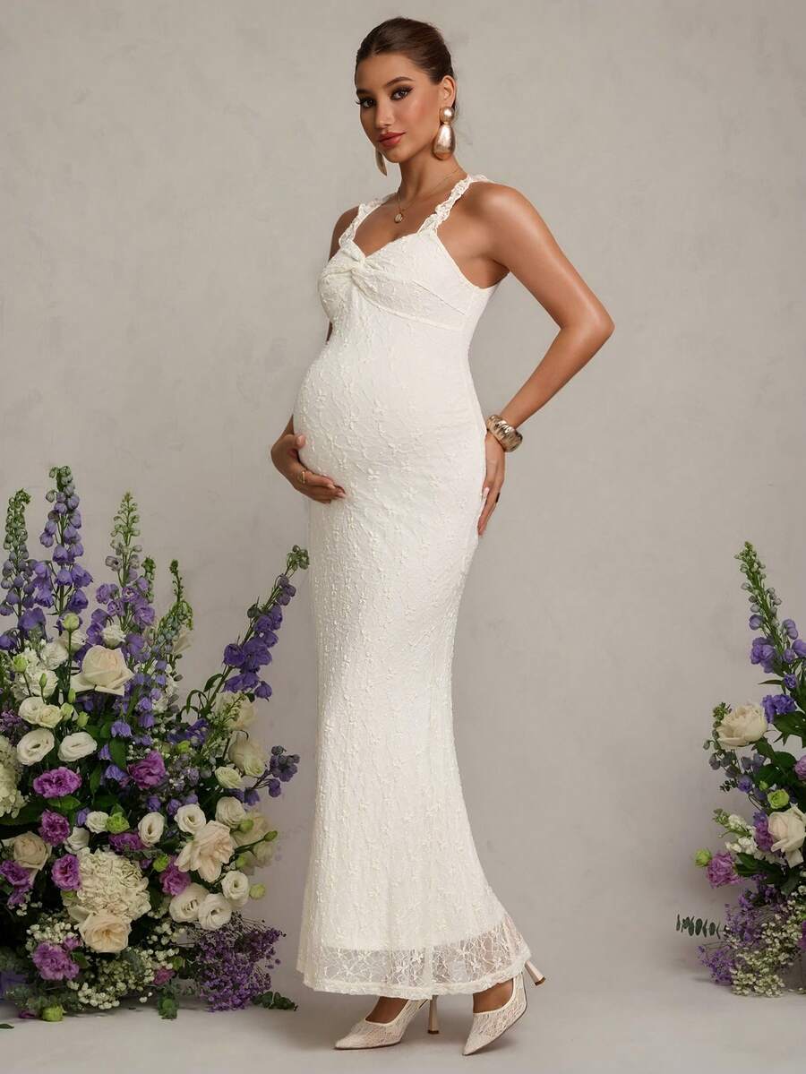 MaterniChic 优雅孕妇纯色提花扭结前襟修身吊带连衣裙 - 杏色 - 查看 1