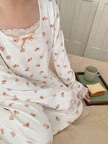Dazy Plus Fashionable & Cute Cartoon Bear Floral Print Patchwork Collar Fitted Top & Loose Straight Pants Pajama Set, Spring/Autumn - White - View 8