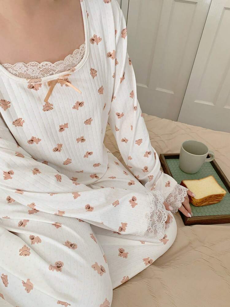 Dazy Plus Fashionable & Cute Cartoon Bear Floral Print Patchwork Collar Fitted Top & Loose Straight Pants Pajama Set, Spring/Autumn