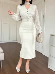 DAZY بلوزة نسائية بأكمام طويلة من الدانتيل وتنورة قلم أنيقة متوسطة الطول مجموعة قطعتين أنيقة - أبيض - مشاهدة 4