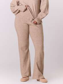 MUSERA Plus Solid Ribbed Knit Pants - Khaki - View 2