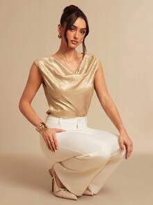 Silquee Elegant Champagne Gold Summer Sleeveless Bodysuit,Loose Asymmetrical Textured Top For Night Out,Parties,Work & Commute,Sophisticated Versatile Jacket - Gold - View 5