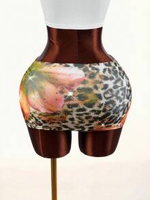 Amplova Leopard & Floral Full Print Rhinestone Embellished Mini Skirt, Super Low Waist - Multicolor - View 4