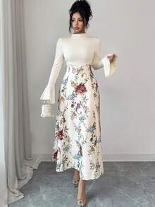 Modelyn 女士优雅印花高领连衣裙，饰有串珠，适合秋冬季穿着 - 淡黃色 - 查看 6