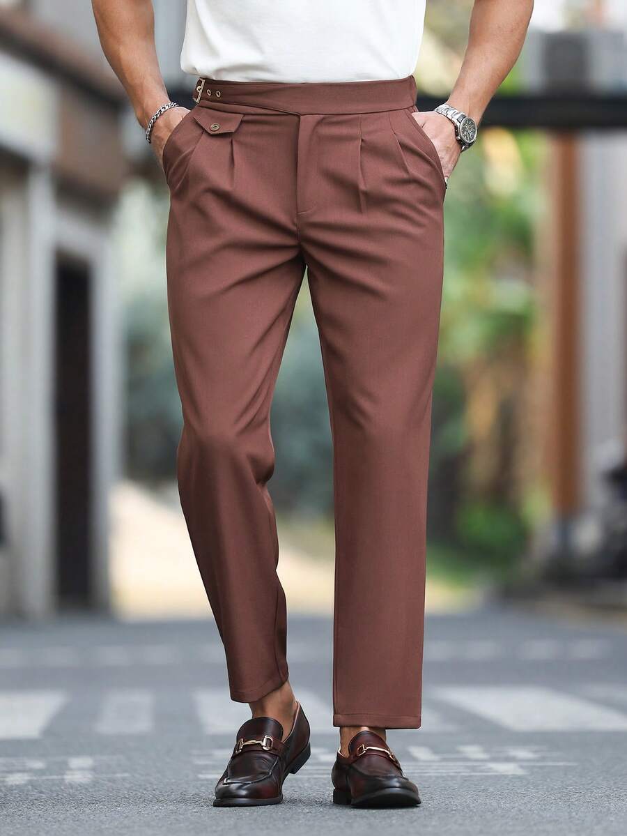 Manfinity Bizformal Men's Solid Color Pleated Pocket Straight Leg Suit Pants, Office Wear - Redwood - View 1