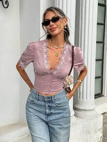 Serisse Women's Contrast Lace Deep V-Neck Puff Sleeve Fitted Blouse - Dusty Pink - View 4