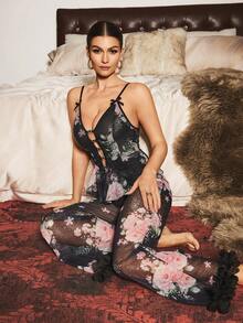 Slumberist 心形水钻花卉印花提花吊带背心和长裤睡衣套装 - 黑色 - 查看 2