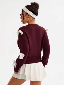 Easithlete Women's Bow Tie Cardigan, Sweet And Versatile Sweater - Maroon - View 3