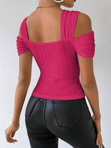 RosyDaze Áo thun nữ màu trơn, tay ngắn, hở vai, ôm sát, gợi cảm, thích hợp mặc mùa hè. - Màu Hồng Tươi - Xem 2