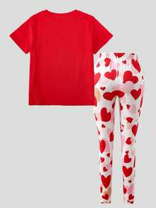 Elladie kids 少女爱心印花圆领短袖T恤和裤子休闲套装 - 紅色 - 查看 2