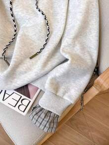 INAWLY 大码休闲格子拼接卫衣，秋冬款 - 灰色 - 查看 3