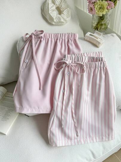 Comfortcana 2条装加大码女式休闲短裤，腰部系带纽扣设计