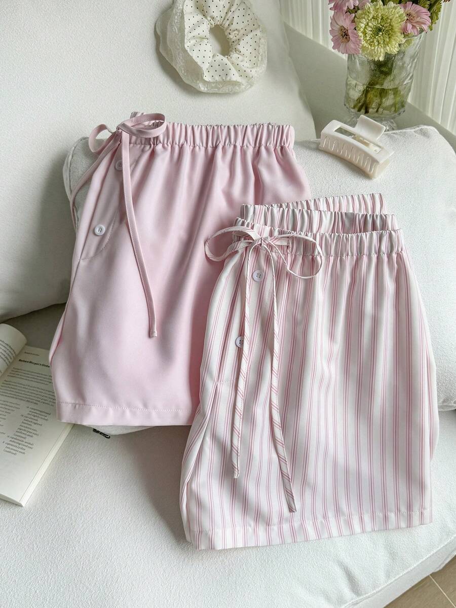 Comfortcana 2 chiếc quần short nữ cỡ lớn kiểu dáng thường ngày, có dây buộc eo và cúc cài. - Nhiều màu - Xem 1
