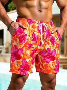 Azuldrift Men's Orange Floral Summer Boho Beach Holiday Holiday Print Drawstring Swim Trunks,Hawaiian Couples Matching Swimwear All Over Print Beachwear - Multicolor - View 5