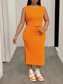 Slaydiva 春夏新款音乐节、复活节、圣帕特里克节、西部风、游牧风、生日派对、波西米亚风、通勤、早午餐、机场穿搭 大码女式纯色圆领背心和半裙套装 两件套半裙套装，夏季穿搭 - 橘色 - 查看 10