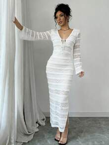 Rafferiza Women's V-Neck High Slit Long Sleeve Lace Mesh Bodycon Maxi Dress,Elegant White Tie Front Midi Long Dress For Autumn Dining - White - View 4