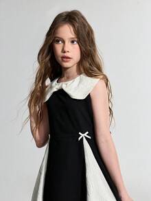 Maija Kids Maija Kids Vestido Casual Fofo de Gola Peter Pan Sem Mangas com Contraste Preto e Branco Jacquard para Meninas Pré-Adolescentes - Preto e Branco - Visão 6