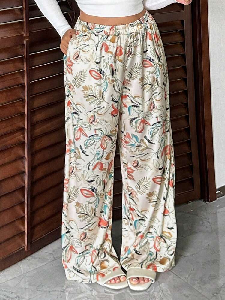 Dazy Plus Floral Print Elastic Waist Long Chiffon Pajama Pants, Loungewear