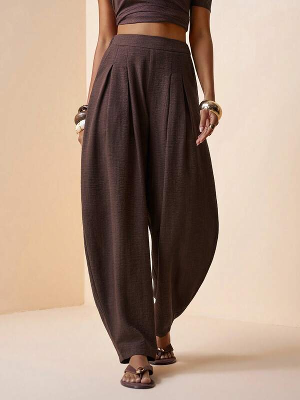 Zivah 2026 Spring/Summer New Arrival Music Festival, Easter, St. Patrick's Day, Valentine's Day, Date, Western, Nomadic, Birthday Party, Graduation, College, Student, Daily Casual, All-Match Versatile, Leisure, Vacation, Cruise Travel, Beach, Sunbathing, Viral , Streetwear, Wedding Guest Boho, Commute, Brunch, Airport, Party, Holiday Outing, Office Wear, Loose Drawstring Elastic Waist Zipper Pockets Linen Pleated Brown Pants