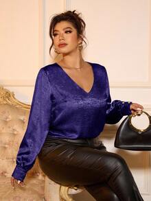 Cravure 大码女式纯色极简V领衬衫，日常穿着，金属面料 - 紫色 - 查看 4