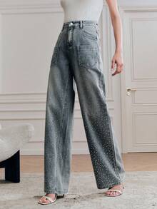 Anewsta 女士浪漫刺绣水钻亮片蓝色直筒牛仔裤，适合派对、假日、情人节、春夏穿着 - 藍色 - 查看 5