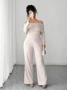Elenzga Plus Size Autumn/Winter New Off-Shoulder Unique Slimming Top + Knitted Fashion Pants Set
