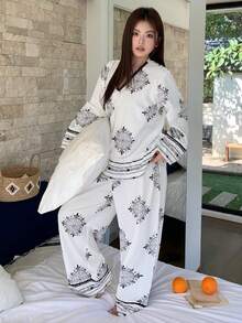 Dazy Plus 2 pezzi/Set Pigiama con top e pantaloni eleganti e morbidi con stampa floreale, taglie forti per donna, primavera/estate/autunno - Bianco e nero - Visualizzare 6