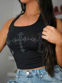 SAYEHFBABY 女式和水钻装饰挂脖背心图案T恤女式上衣 - 黑色 - 查看 6