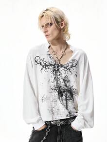 ROMWE MEN Goth 男士V领长袖十字印花休闲白色T恤 - 黑與白 - 查看 6