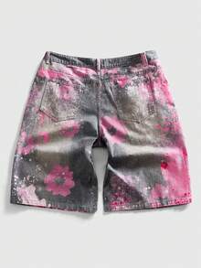 ROMWE MEN Street Life Men's Casual Washed Tie-Dye Print Denim Shorts - Pink - View 2