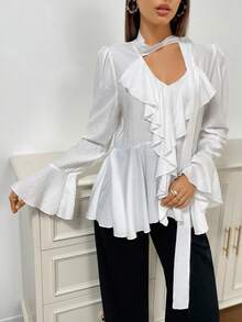 Modelyn French Style Flare Sleeve Ruffle Hem Women Blouse - Apricot - View 4