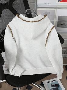 SHEIN 1 pièce Sweat-shirt-shirt surdimensionné à la mode pour préadolescentes avec graphique brodé, pull léger avec bordure contrastée, convient pour l'automne/l'hiver, les sorties, l'école, les voyages, les fêtes, les déplacements - Gris - Voir 2
