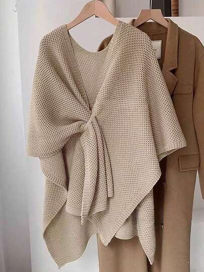 Franclia Suéter tipo capa de punto con cuello en V para mujer de talla grande, unicolor, textura minimalista, elegante y versátil para uso diario en otoño/invierno