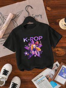 Tween Girls Crew Neck Short Sleeve Creative Cartoon Pattern Casual Summer T-Shirt